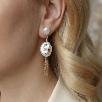 Gemmelle 3 in 1 Convertible Bejeweled Baroque Pearl Tassel Earrings