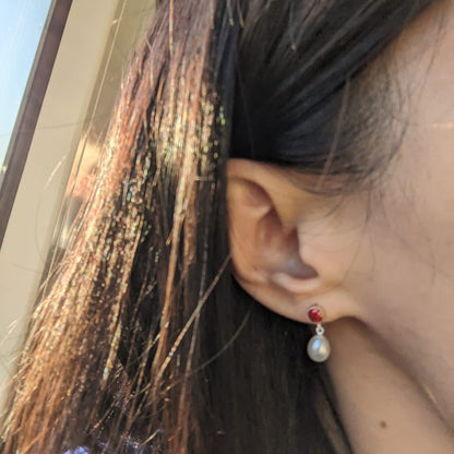 Calla Red Zircon and Teardrop Pearl Earrings