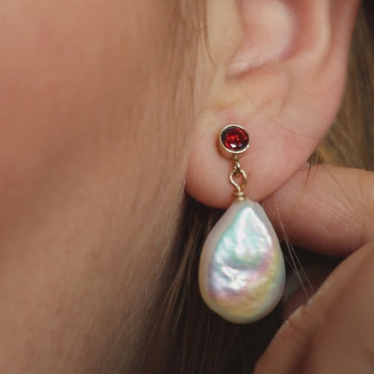 Ophelia Red Zircon and Flat Teardrop Pearl Earrings