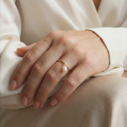 Ella Dainty Teardrop Pearl Dangle Ring
