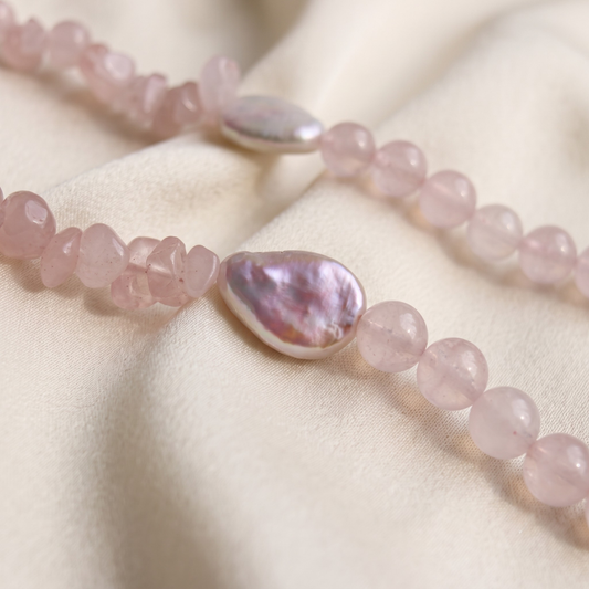 Blush Horizon - Crystal Beads & Clear Opal Chips with Flat Teardrop Pearls Necklace