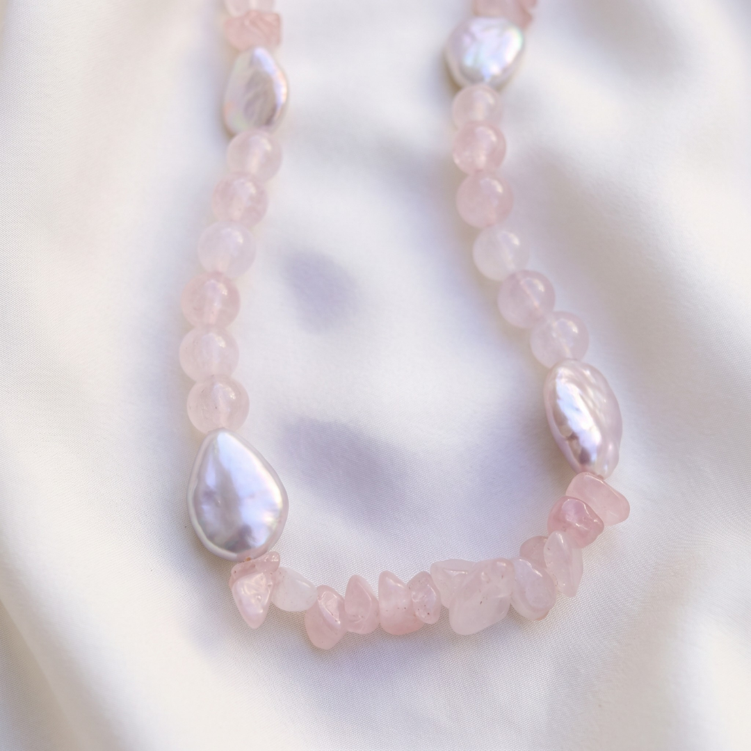 Blush Horizon - Crystal Beads & Clear Opal Chips with Flat Teardrop Pearls Necklace
