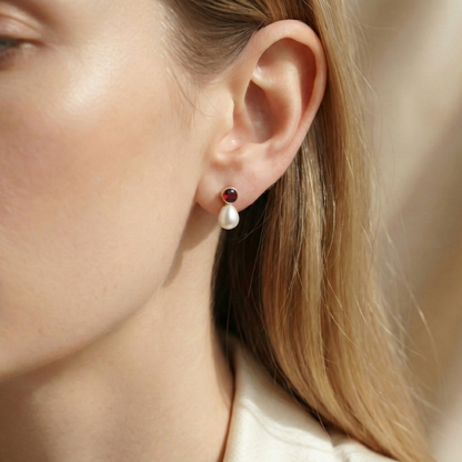 Calla Red Zircon and Teardrop Pearl Earrings