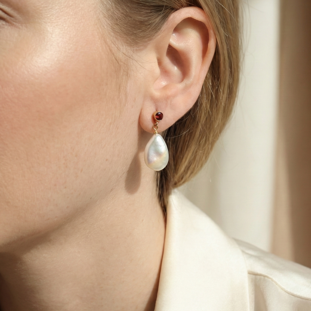 Ophelia Red Zircon and Flat Teardrop Pearl Earrings