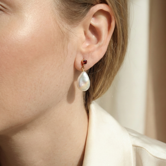 Ophelia Red Zircon and Flat Teardrop Pearl Earrings