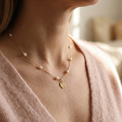 Linked Hearts Pearl Necklace with Personalised Heart Charm