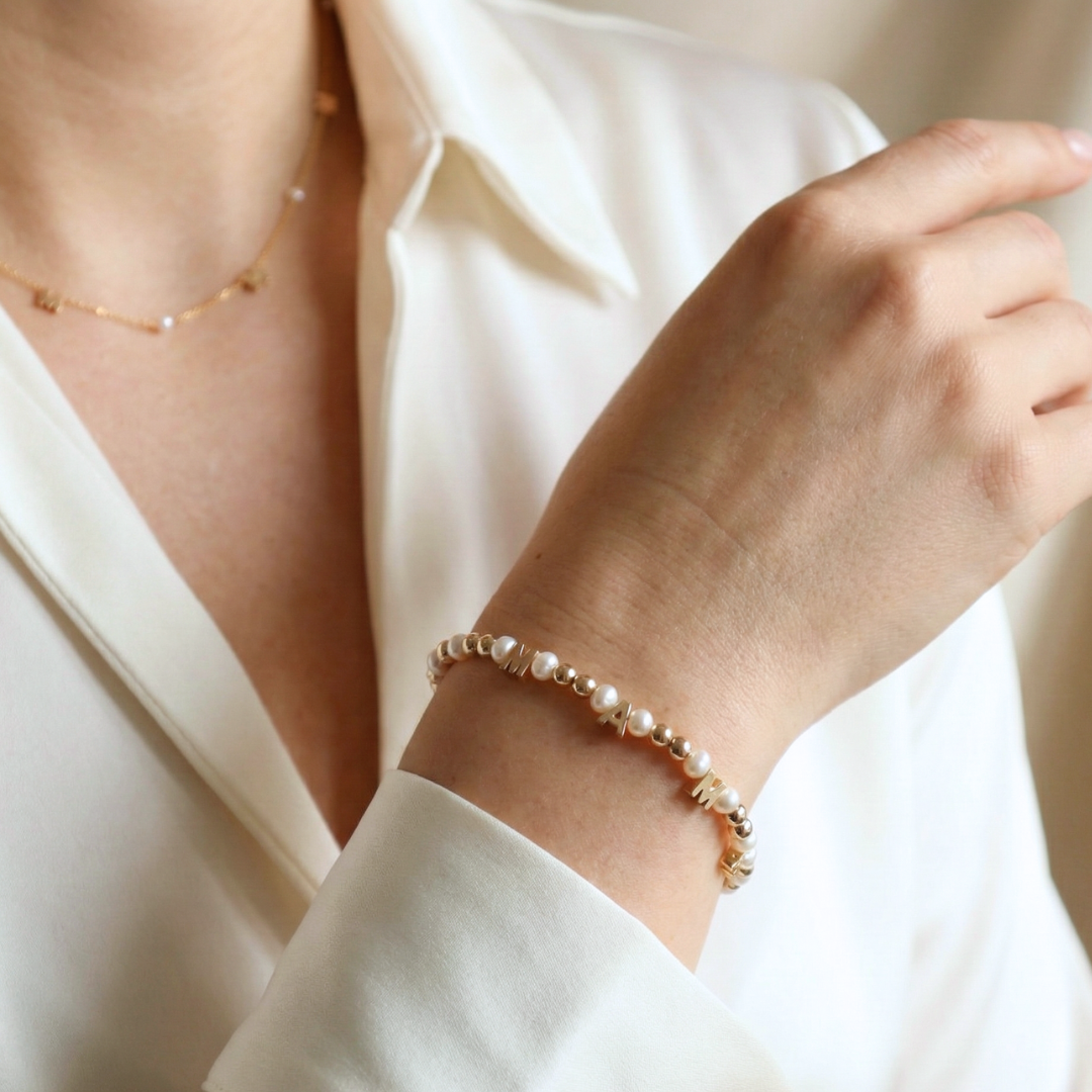 M-A-M-A  Beaded Pearl Bracelet