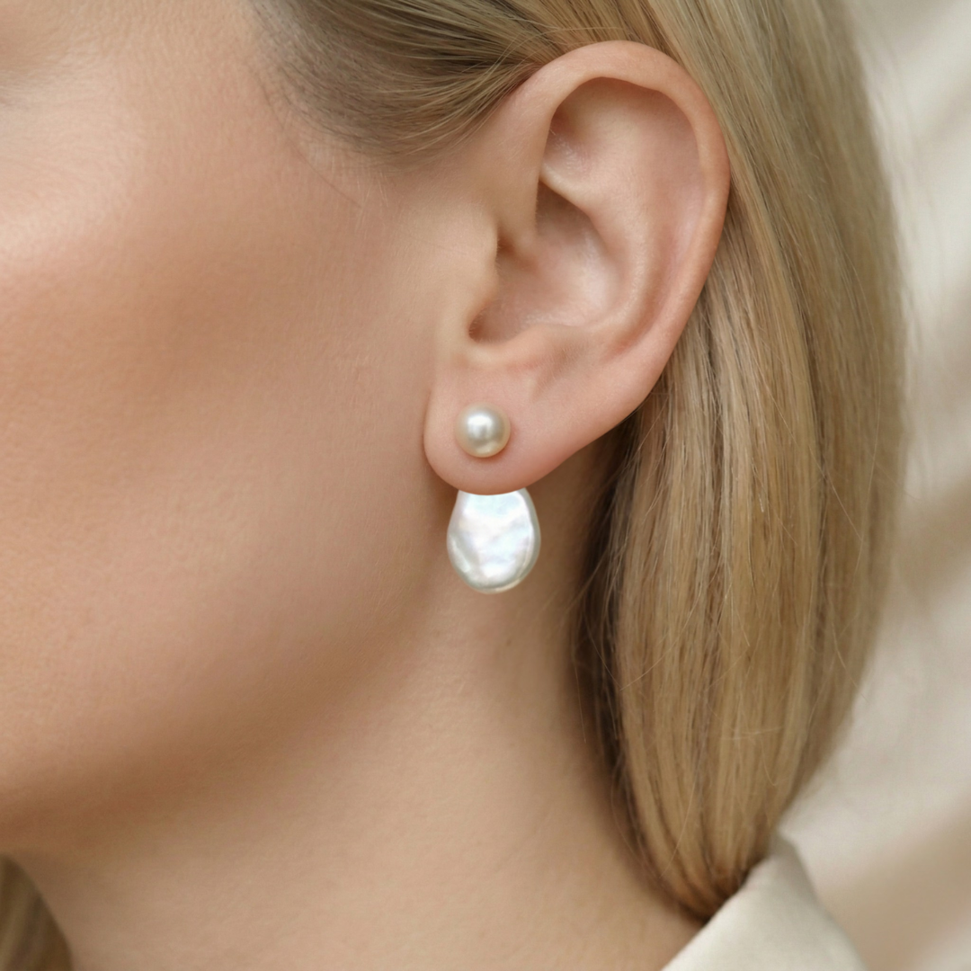 Evelyn 3 in 1 Convertible Flat Teardrop Pearl Earrings