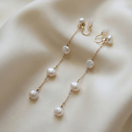 Luna Long Baroque Pearl Earrings - Clip On