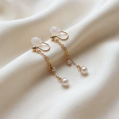 Olivia Round Pearls Dangle Earrings - Clip On