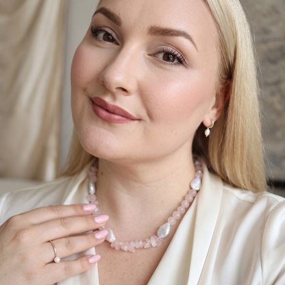 Blush Horizon - Crystal Beads & Clear Opal Chips with Flat Teardrop Pearls Necklace